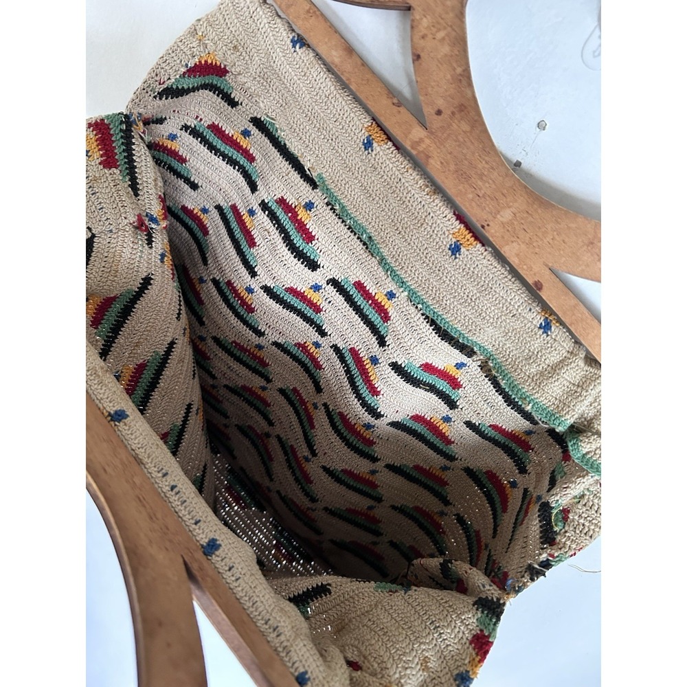 Vintage Tapestry Tight Knit Craft Bag Crochet Needlework Knitting Wood Handles - Picture 14 of 16